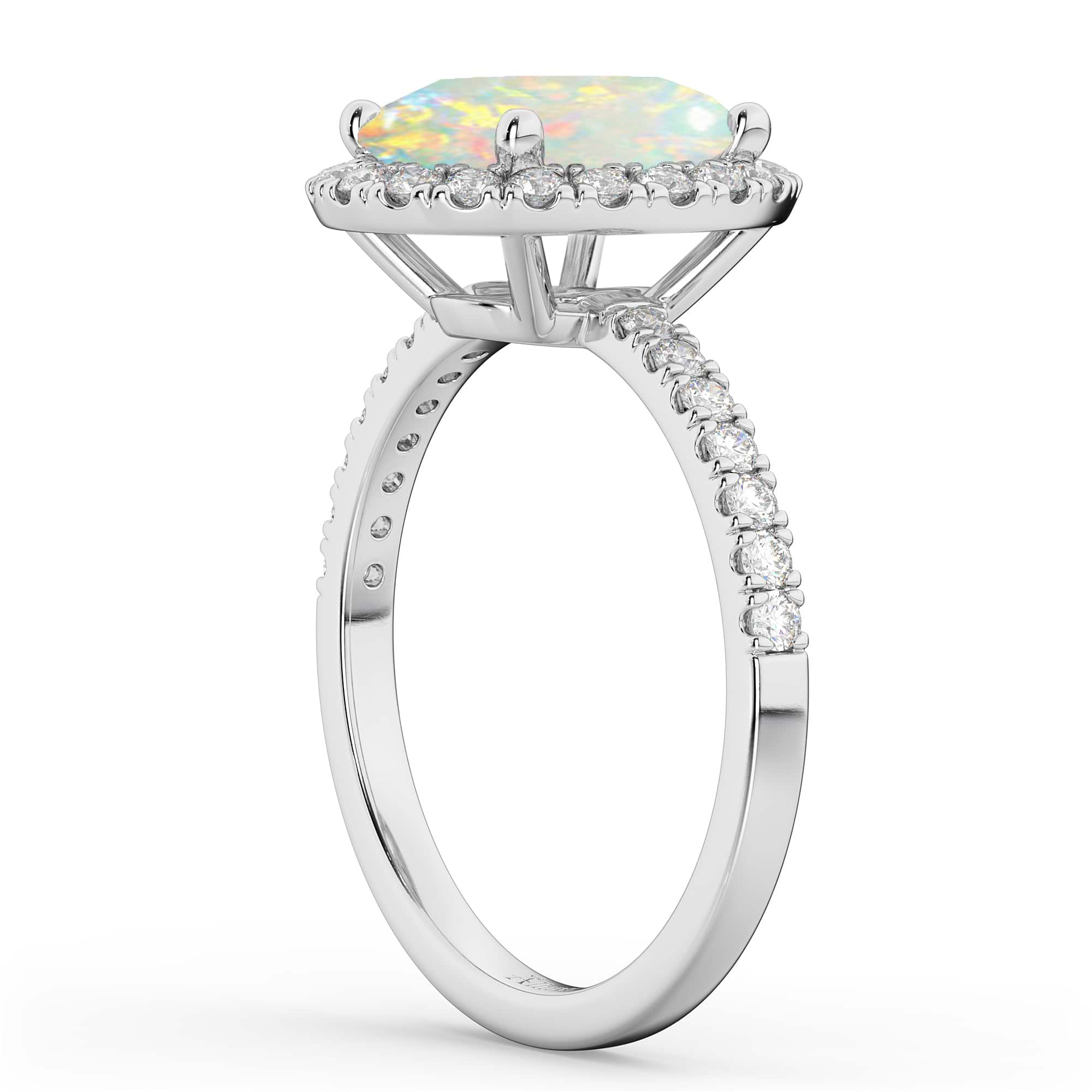 Cushion Cut Halo Opal & Diamond Engagement Ring 14k White Gold (3.11ct)