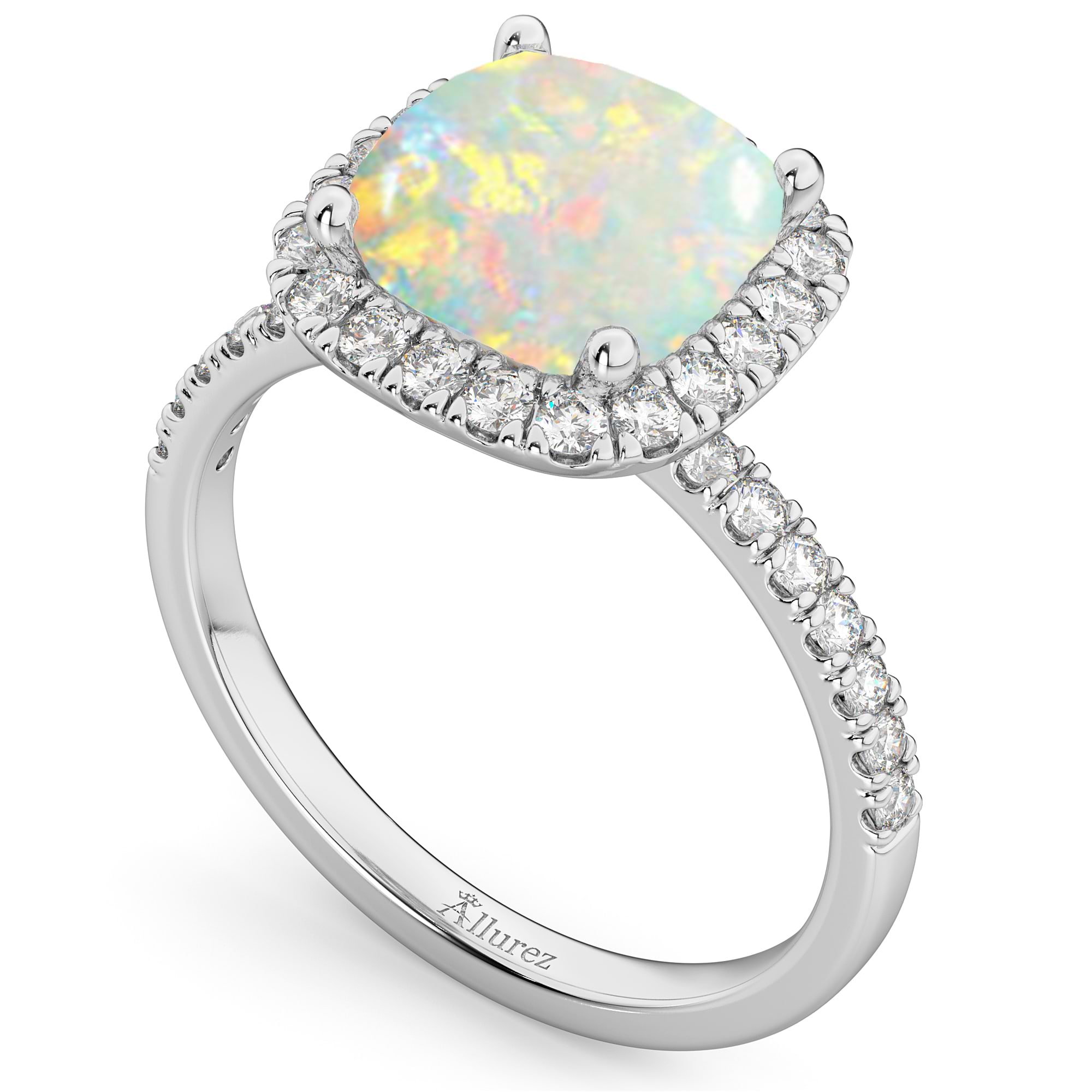 Cushion Cut Halo Opal & Diamond Engagement Ring 14k White Gold (3.11ct)