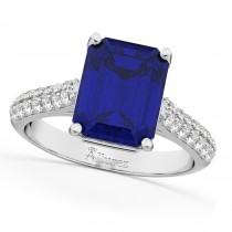 Emerald-Cut Blue Sapphire & Diamond Ring 14k White Gold (5.54ct)