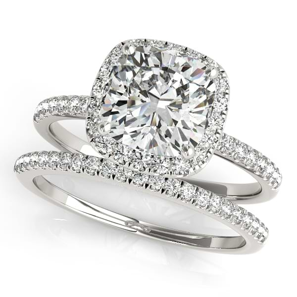 Cushion Diamond Halo Bridal Set French Pave 14k White Gold 0.84ct