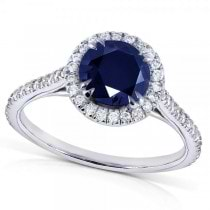 Blue Sapphire Round Diamond Halo Gemstone Ring 14k White Gold (1.50ct)