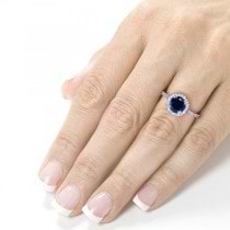 Blue Sapphire Round Diamond Halo Gemstone Ring 14k White Gold (1.50ct)