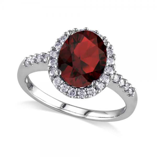 Oval Garnet & Halo Diamond Engagement Ring 14k White Gold 3.22ct