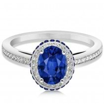 Oval Blue Sapphire Diamond Halo Engagement Ring 14k White Gold 2.00ct