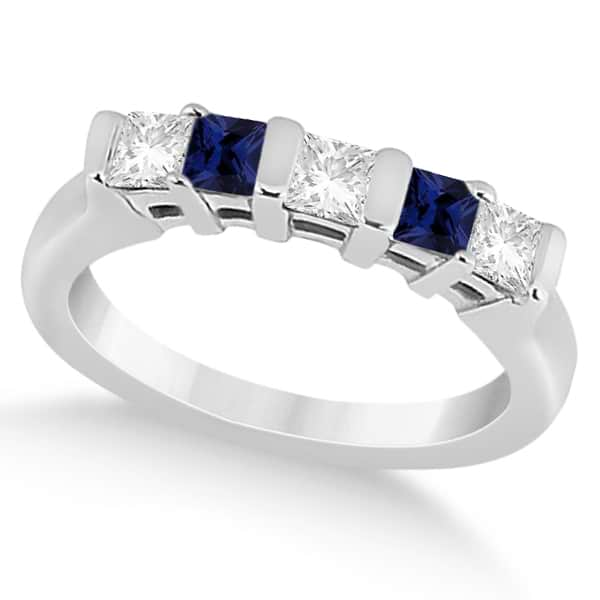 5 Stone Diamond & Blue Sapphire Bridal Set 14K White Gold 1.02ct