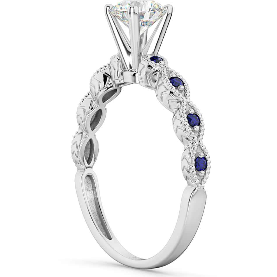 Vintage Lab Grown Diamond & Blue Sapphire Engagement Ring 14k White Gold 0.75ct