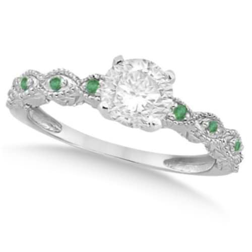 Vintage Lab Grown Diamond & Emerald Bridal Set 14k White Gold 0.95ct