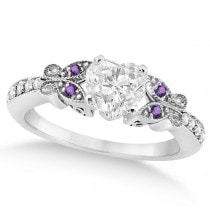 Heart Diamond & Amethyst Butterfly Engagement Ring 14k W Gold (0.50ct)