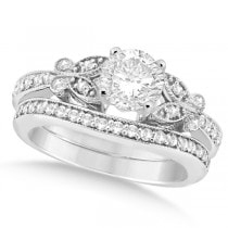 Round Diamond Butterfly Design Bridal Ring Set 14k White Gold (0.76ct)