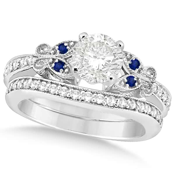 Round Diamond & Blue Sapphire Butterfly Bridal Set in 14k W Gold 0.71ct