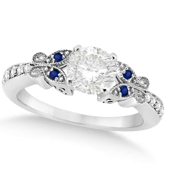 Round Diamond & Blue Sapphire Butterfly Bridal Set in 14k W Gold 0.71ct