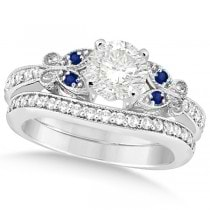 Round Diamond & Blue Sapphire Butterfly Bridal Set in 14k W Gold 0.71ct