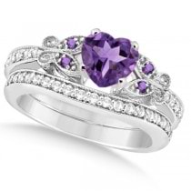 Butterfly Amethyst & Diamond Heart Bridal Set 14k White Gold 1.55ct