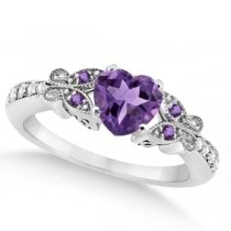 Butterfly Amethyst & Diamond Heart Bridal Set 14k White Gold 1.55ct