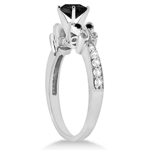 Butterfly Black & White Diamond Heart Engagement Ring 14K W Gold 1.3ct