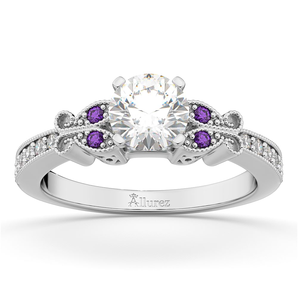 Butterfly Diamond & Amethyst Engagement Ring 14k White Gold (0.20ct)