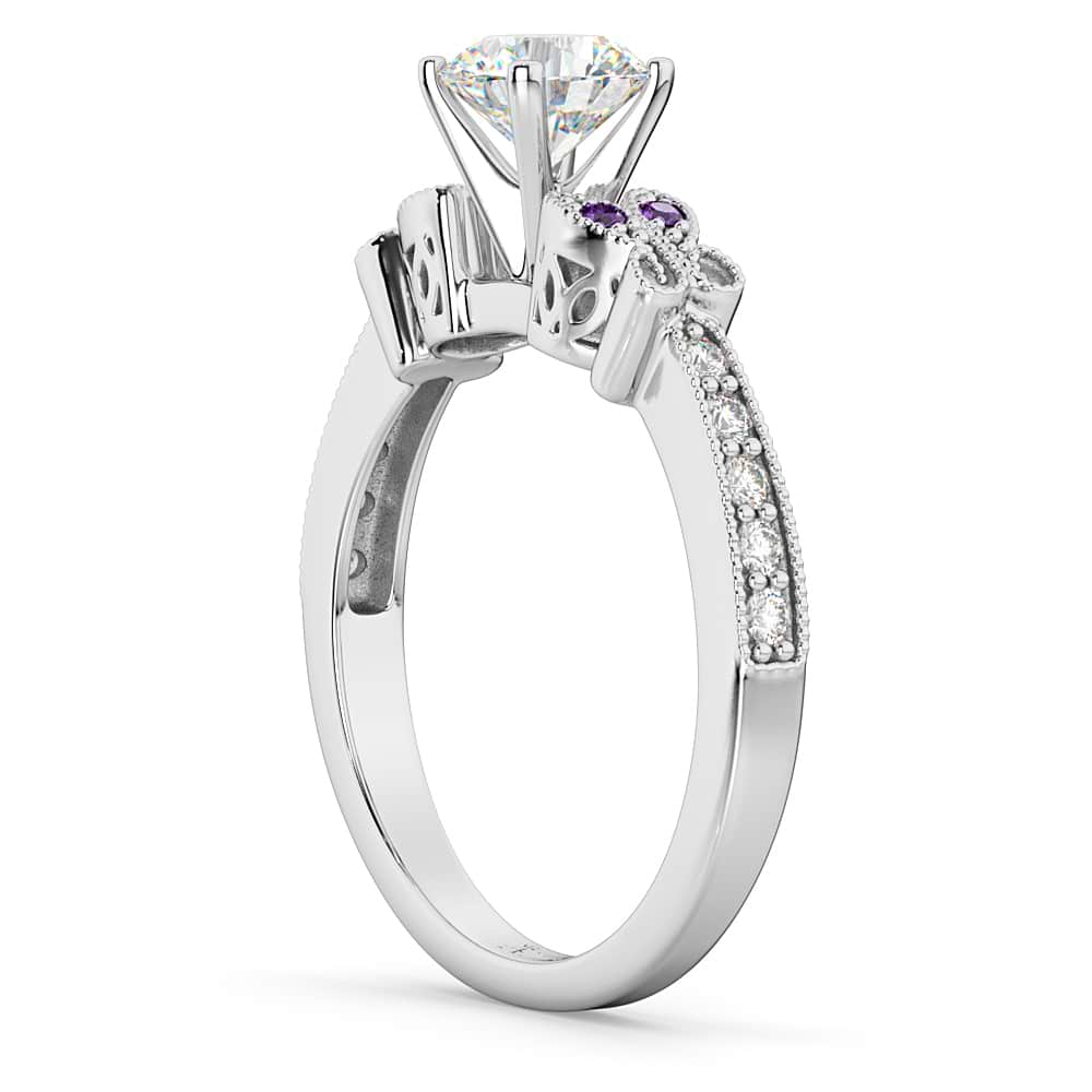 Butterfly Diamond & Amethyst Engagement Ring 14k White Gold (0.20ct)