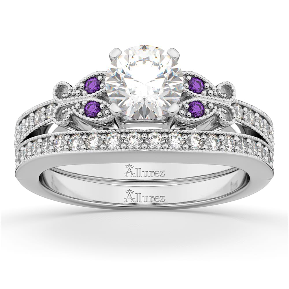 Butterfly Diamond & Amethyst Bridal Set 14k White Gold (0.42ct)