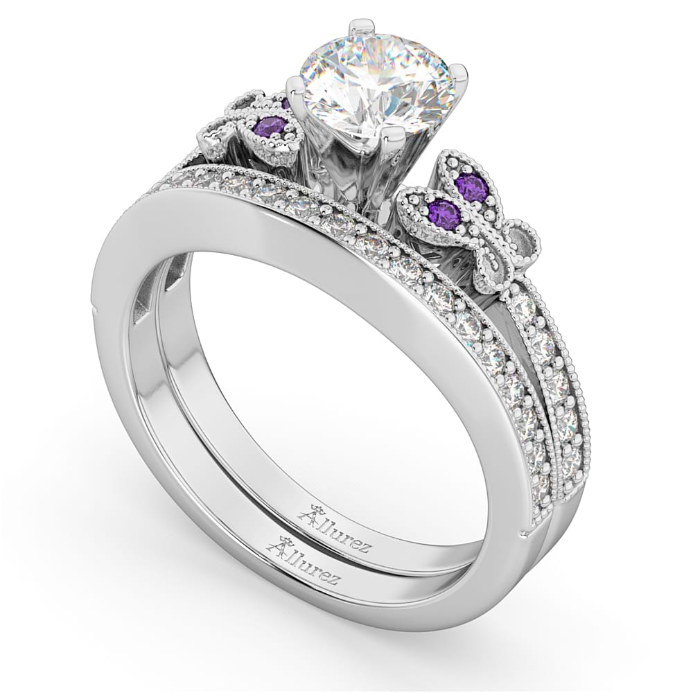 Butterfly Diamond & Amethyst Bridal Set 14k White Gold (0.42ct)