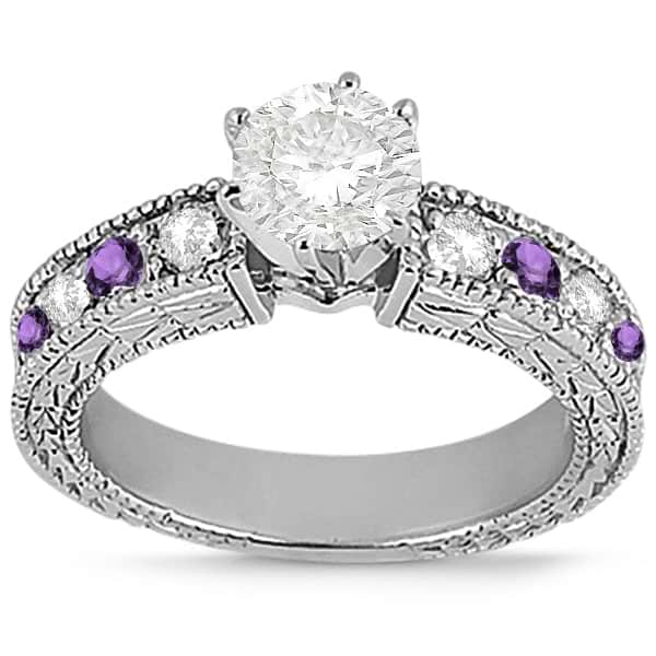 Antique Diamond & Amethyst Engagement Ring 14k White Gold (0.75ct)