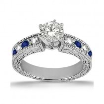 Antique Diamond & Blue Sapphire Engagement Ring 14k White Gold (0.75ct)