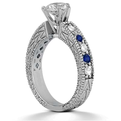 Antique Diamond & Blue Sapphire Engagement Ring 14k White Gold (0.75ct)