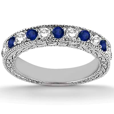 Antique Diamond & Blue Sapphire Bridal Set 14k White Gold (1.80ct)