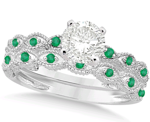 Finest Lab-grown Diamond Engagement Rings_Vintage Lab-Grown Diamond & Emerald Bridal Set